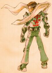 1boy bengus brown_hair capcom clenched_hands cyberbots from_behind game_cg headband highres looking_to_the_side male_focus marvel_vs._capcom marvel_vs._capcom_2 non-web_source official_art saotome_jin scan scarf shoulder_spikes simple_background solo spikes standing variant_armor white_headband