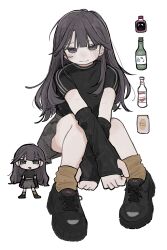 1girl absurdres arm_warmers black_arm_warmers black_eyes black_hair black_shirt black_shoes blush bottle brown_socks closed_mouth grey_skirt highres long_hair looking_at_viewer multiple_views original shirt shoes short_sleeves simple_background sitting skirt sneakers socks white_background yunoki_itsugu