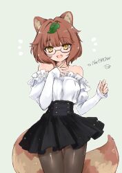 1girl absurdres animal_ears bare_shoulders black_skirt breasts brown_hair dress dress_shirt frilled_shirt frills ginkgo_leaf glasses gyoubu_danuki_(monster_girl_encyclopedia) happy highres leaf long_sleeves looking_at_viewer monster_girl monster_girl_encyclopedia multicolored_tail non-web_source off-shoulder_shirt off_shoulder open_mouth pantyhose raccoon_ears raccoon_girl raccoon_tail shirt simple_background skirt smile solo tail twitter_username white_shirt yellow_eyes