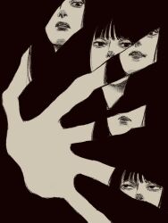1girl asian black_background black_hair broken_glass glass greyscale highres long_hair looking_at_viewer monochrome multiple_reflections original solo tp_p_pt