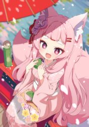 +_+ 1girl :d absurdres animal_ear_fluff animal_ears blurry commission depth_of_field fang floral_print flower food fox_ears fox_girl fox_tail from_above hair_flower hair_ornament hairclip highres holding holding_food japanese_clothes kimono long_hair long_sleeves looking_at_viewer multiple_tails obi oil-paper_umbrella on_railing open_mouth original outdoors petals pink_eyes pink_hair pink_kimono railing red_eyes sash shiro9jira sitting skeb_commission smile solo sparkling_eyes tail thick_eyebrows umbrella very_long_hair virtual_youtuber wide_sleeves
