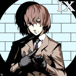 10s 1boy akechi_gorou bag black_gloves black_jacket brown_eyes brown_hair club3 gloves hair_between_eyes index_finger_raised jacket long_hair looking_at_viewer male_focus persona persona_5 smile solo upper_body