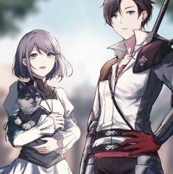 1boy 1girl animal baby_animal black_hair blue_eyes clive_rosfield dog dress ear_piercing final_fantasy final_fantasy_xvi gloves grey_hair grey_wolf highres holding holding_animal holding_dog ikooto111 jill_warrick long_sleeves looking_at_viewer open_mouth piercing puffy_sleeves puppy red_gloves short_hair simple_background square_enix standing sword torgal_(ff16) upper_body vest weapon weapon_on_back white_dress white_vest wolf
