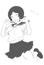 00s 1girl ekra female_focus greyscale hitou_nami loafers looking_at_viewer monochrome navel neckerchief open_mouth sayonara_zetsubou_sensei school_uniform serafuku shoes short_hair skirt smile solo