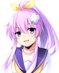 1girl :d blush bow collarbone commentary_request d-pad d-pad_hair_ornament doria_(p_f_dolia) female_focus hair_between_eyes hair_bow hair_ornament long_hair looking_at_viewer neckerchief nepgear neptune_(series) open_mouth ponytail purple_eyes purple_hair sailor_collar school_uniform serafuku sidelocks simple_background smile solo upper_body white_background yellow_bow yellow_neckerchief