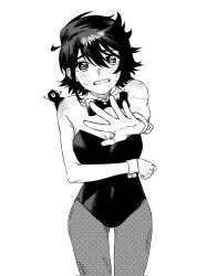 1girl arm_around_waist bare_shoulders black_hair black_leotard blush bow bowtie breasts cleavage clenched_teeth detached_collar embarrassed greyscale highres jiguang_haibao leotard looking_at_viewer momijiyama_teru monochrome short_hair shy_(series) simple_background sleeveless strapless strapless_leotard tearing_up teeth white_background wrist_cuffs