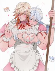 Rule 34 | 2boys, antenna hair, apron, blonde hair, blue eyes, blush, braid, broom, chest tattoo, chimera (honkai: star rail), choker, crossdressing, dress, embarrassed, facial tattoo, finger heart, gradient hair, hair between eyes, hands on another&#039;s chest, head on another&#039;s shoulder, heart, heart hands, highres, holding, holding broom, honkai: star rail, honkai (series), maid, maid apron, maid headdress, male focus, medium hair, multicolored hair, multiple boys, muscular, muscular male, mydei (honkai: star rail), open mouth, parted lips, phainon (honkai: star rail), pink choker, pink dress, red hair, red tattoo, short hair, side braid, simple background, tattoo, veins, veiny arms, wet, wet clothes, white apron, white background, white hair, yaoi, yellow eyes, yoma 0 0
