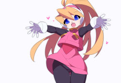 1girl black_bodysuit blue_eyes bodysuit ciel_(mega_man) commentary_request cowboy_shot gloves heart high-waist_skirt high_ponytail kaidou_zx long_hair mega_man_(series) mega_man_zero_(series) open_mouth pink_shirt pink_skirt ponytail shirt simple_background skirt solo white_background white_gloves