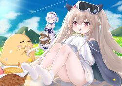 2girls azur_lane bad_link blonde_hair dress food hair_ornament highres little_anchorage_(azur_lane) little_bel_(azur_lane) long_hair long_sleeves maid_headdress manjuu_(azur_lane) multiple_girls open_mouth paashe picnic picnic_basket sitting sleeves_past_fingers sleeves_past_wrists smile socks thighs white_hair white_socks
