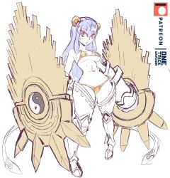1girl :&lt; amaterasumon animal_ears artist_name bikini breasts colored_skin curvy digimon digimon_(creature) full_body gold_bikini grey_hair highres horns large_breasts long_hair mechanical_arms navel no_humans one_trick_dragon parted_lips red_skin side-tie_bikini_bottom simple_background single_horn solo swimsuit thong thong_bikini unworn_armor very_long_hair white_background wide_hips yin_yang