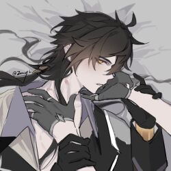 Rule 34 | 2boys, caressing cheek, genshin impact, hand on another&#039;s neck, hickey, hickeys on neck, highres, lying, multiple boys, on back, on bed, solo focus, tartaglia (genshin impact), twitter, twitter username, yaoi, zhongli (genshin impact), zyzzzyy