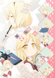 2girls alice_margatroid blonde_hair bottle braid chibi cover cover_page deformed closed_eyes hairband inkwell kirisame_marisa multiple_girls note pen sakuraba_yuuki shanghai_doll side_braid touhou yellow_eyes aged_down