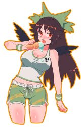 Rule 34 | 1girl, alternate costume, bird wings, black wings, bow, breasts, brown hair, cleavage, clothes writing, commentary request, cowboy shot, cropped legs, dolphin shorts, eating, feathered wings, food, gluteal fold, green bow, green shorts, green trim, hair bow, highres, holding, holding food, holding ice cream, holding ice cream cone, ice cream, ice cream cone, jean (jean sp), large breasts, licking, licking foot, long hair, looking at viewer, midriff peek, mini wings, navel peek, open mouth, outline, radiation symbol, red eyes, reiuji utsuho, shorts, simple background, solo, tank top, teeth, tongue, tongue out, touhou, upper teeth only, white background, white tank top, wings, yellow outline