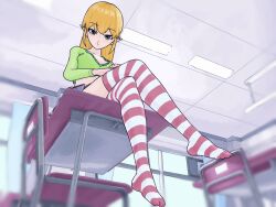 1girl classroom colorized desk elf feet indoors kneehighs long_hair looking_at_viewer miniskirt non-web_source on_desk original pointy_ears school_desk sitting skirt socks solo