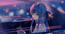 1girl bang_dream! bang_dream!_it&#039;s_mygo!!!!! blue_hair blurry bokeh brown_eyes car cellphone chinese_commentary closed_mouth commentary_request dawder depth_of_field expressionless highres holding holding_phone long_hair looking_at_phone motor_vehicle on_car phone shirt sitting smartphone solo togawa_sakiko upper_body white_shirt