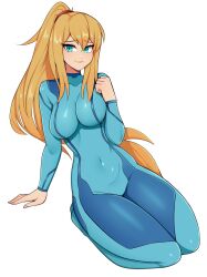 1girl arm_support blonde_hair blue_bodysuit blue_eyes bodysuit breasts commentary covered_navel english_commentary high_ponytail highres long_hair looking_at_viewer metroid nintendo oninuer ponytail samus_aran seiza sitting skin_tight solo thighs zero_suit