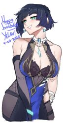 1girl bare_shoulders blue_dress bracelet breasts choker cleavage cropped_legs dated dice dress genshin_impact happy_birthday highres jewelry large_breasts mole mole_on_breast short_hair sketch smile smugigante solo upper_body yelan_(genshin_impact)