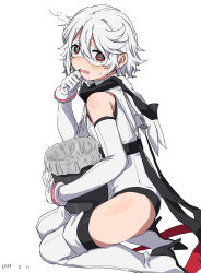 1girl absurdres black_thighhighs blush boots dated elbow_gloves eye_mask from_side gloves grey_background grey_boots grey_gloves grey_hair grey_leotard hair_between_eyes high_heel_boots high_heels highres holding leotard red_eyes saliva short_hair shy_(character) shy_(series) simple_background solo takatisakana thighhighs trash_can