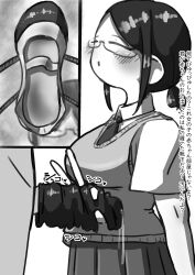 Rule 34 | 1girl, absurdres, blush, closed eyes, cum, ejaculation, glasses, handjob, highres, long hair, monochrome, parted lips, r na tekuteku, school uniform, shoes, single shoe, sock on penis, sockjob, socks, translated, unworn shoes, unworn socks, uwabaki