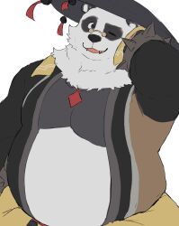 1boy bara bell belly bracelet ceylanokku commentary english_commentary fangs fat furry furry_male hand_on_own_head highres jewelry jingle_bell looking_to_the_side male_focus one_eye_closed open_clothes open_mouth open_shirt pan_yinhu plump round_eyewear smile spiked_bracelet spikes unfinished wok zenless_zone_zero