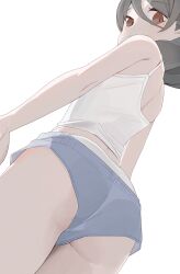 1girl ass black_hair blue_shorts blush brown_eyes camisole from_behind highres hiroki_(yyqw7151) long_hair looking_at_viewer looking_back original panties panty_peek shorts standing underwear white_background white_camisole white_panties