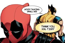 2boys arm_hair back bodysuit deadpool deadpool_(series) english_text facial_hair gloves male_focus marvel mask multiple_boys muscular muscular_male ppoooooolvrmm red_bodysuit red_mask sleeveless speech_bubble superhero_costume two-tone_bodysuit wolverine_(x-men) x-men