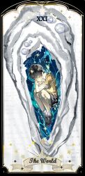 1boy absurdres bandage_on_face bandages bandaid bandaid_on_arm black_hair black_shoes black_shorts border bubble closed_eyes collared_shirt crossed_arms curled_up elbow_on_knee glowing hand_on_own_shoulder highres kim_dokja knees_up lantercat male_focus omniscient_reader&#039;s_viewpoint ornate_border paper shirt shoes short_hair shorts socks solo sparkle tarot the_world_(tarot) torn_paper white_socks yellow_shirt