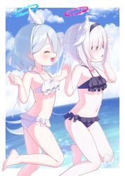 2girls alternate_costume arona_(blue_archive) ass bare_legs bare_shoulders barefoot bikini black_bikini black_hairband blue_archive blue_hair blue_halo blue_sky blush bow bow_bikini braid butt_crack closed_eyes cloud colored_inner_hair commentary eyes_visible_through_hair feet feet_up flat_chest frilled_bikini frills hair_between_eyes hair_over_one_eye hair_ribbon hairband halo hand_up highres holding_hands kyuri_senbei layered_bikini loli long_hair multicolored_hair multiple_girls navel open_mouth plana_(blue_archive) ponytail red_halo red_pupils ribbon short_hair single_braid sky smile soles stomach sunlight swimsuit thighs toes very_long_hair wet white_bikini white_hairband