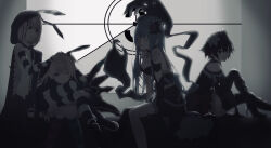 4girls black_hair black_thighhighs blonde_hair breasts chaos_alice_(grimms_notes) chaos_cinderella_(grimms_notes) chaos_red_riding_hood_(grimms_notes) chaos_snow_white_(grimms_notes) cleavage cloak dress elbow_gloves extra_hands eye_mask flower gloves grimms_notes hair_flower hair_ornament hood hooded_cloak horizontal-striped_thighhighs iumi_urura long_hair mask_over_one_eye medium_breasts multiple_girls one_eye_closed purple_cloak purple_dress purple_flower purple_rose red_eyes rose short_hair sitting smile striped_clothes striped_gloves thighhighs twintails white_flower wings