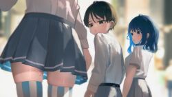 1boy 2girls absurdres basori_tiara black_hair blue_eyes blue_hair blurry blurry_background distracted_boyfriend_(meme) grey_skirt highres jealous looking_at_another looking_back make_heroine_ga_oo_sugiru! medium_hair meme mole mole_on_thigh multiple_girls nukumizu_kazuhiko school_uniform shirt short_hair skirt sklt_(swyt8223) striped_clothes striped_thighhighs thighhighs tsuwabuki_high_school_uniform white_shirt yanami_anna