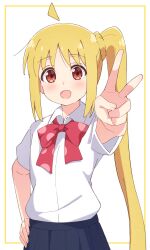 Rule 34 | 1girl, absurdres, ahoge, blonde hair, blue skirt, blush, bocchi the rock!, bow, bowtie, collared shirt, commentary request, cowboy shot, detached ahoge, dress shirt, hand on own hip, highres, ijichi nijika, inset border, long hair, looking at viewer, mimori (mimori 05), open mouth, outstretched arm, pleated skirt, polka dot bowtie, red bow, red bowtie, red eyes, revision, school uniform, shimokitazawa high school uniform, shirt, short sleeves, side-print panties, sidelocks, simple background, skirt, solo, standing, very long hair, white background, white shirt