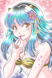 Rule 34 | 1girl, 2025, animal print, aononmi, black hair, blue hair, bra, closed mouth, dated, floral background, flower, flower ring, highres, holding, holding petal, horns, lum, multicolored hair, orange eyes, petals, pink background, pink flower, pointy ears, signature, smile, solo, strapless, strapless bra, striped bra, striped clothes, tiger print, tiger stripes, underwear, upper body, urusei yatsura, yellow bra