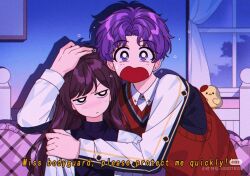 1boy 1girl 90s_anime arm_around_neck black_sweater brown_hair collared_shirt curtains english_text furrowed_brow indoors jacket light_blush long_hair love_and_deepspace open_mouth parted_bangs protagonist_(love_and_deepspace) purple_hair rafayel_(love_and_deepspace) red_sweater_vest retro_artstyle sayahime shirt short_hair straight_hair subtitled sweatdrop sweater sweater_vest turtleneck turtleneck_sweater upper_body wavy_hair wavy_mouth white_jacket white_shirt wide-eyed window