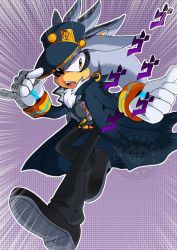 Rule 34 | 1boy, bad id, bad link, bad twitter id, cosplay, emphasis lines, gloves, hat, jacket, jojo no kimyou na bouken, kuujou joutarou, kuujou joutarou (cosplay), menacing (jojo), ono daisuke, quartzquadrantz, voice actor connection, silver the hedgehog, sonic (series), stardust crusaders, watermark, white fur, yellow eyes