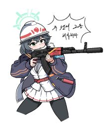 1girl aiming akm armband assault_rifle black_hair blue_archive blue_armband coat cocktiel77 commentary_request cropped_legs fur_trim grey_eyes grey_halo gun halo hard_hat hat helmet holding holding_gun holding_weapon jacket kalashnikov_rifle korean_commentary korean_text long_hair long_sleeves magazine_(weapon) minori_(blue_archive) open_clothes open_coat open_mouth pantyhose pleated_skirt red_winter_federal_academy_logo rifle scarf shirt simple_background skirt solo translation_request weapon white_background white_hat white_helmet white_scarf white_shirt white_skirt