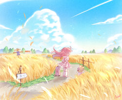 1girl ^_^ ahoge animal arms_behind_back bird black_eyes blue_sky bow bowtie brown_bird cat chibi cloak closed_eyes clothed_animal cloud collared_shirt copyright_name day dress ear_covers earrings farm fence floating_clothes floating_hair frilled_sleeves frills highres hood hood_up hooded_cloak jewelry kneehighs light_particles long_hair mary_janes medium_dress miracle_nikki momo_(nikki) mountainous_horizon nikki_(nikki) nikki_(series) nuan_nuan_-nikki open_mouth outdoors path pink_dress pink_hair pink_shoes pleated_dress pom_pom_(clothes) pom_pom_earrings puffy_short_sleeves puffy_sleeves red_bow red_bowtie road scarecrow shadow shirt shoes short_sleeves sign simple_bird sky smile snowflake_print socks solid_oval_eyes sparrow standing suitcase traditional_bowtie tree very_long_hair wheat_field whiskers white_cat white_shirt white_socks wind yellow_cloak