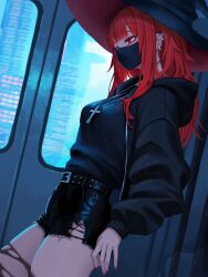 1girl absurdres belt black_belt black_hat black_jacket black_mask black_shirt black_shorts commentary cross cross_necklace cutoffs ear_piercing hat highres jacket jewelry long_hair mask mouth_mask necklace original piercing red_eyes red_hair shirt short_shorts shorts solo thighhighs torn_clothes torn_thighhighs train_interior val_(yan_kodiac) witch_hat yan_kodiac