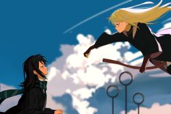2girls absurdres bang_dream! bang_dream!_it&#039;s_mygo!!!!! black_coat black_hair blonde_hair broom broom_riding chinese_commentary cloud coat commentary_request cracy_logan day flying golden_snitch green_eyes hair_ornament hairclip harry_potter_(series) highres hogwarts_school_uniform lcl long_hair multiple_girls outdoors quidditch school_uniform wakaba_mutsumi wizarding_world yahata_umiri yellow_eyes