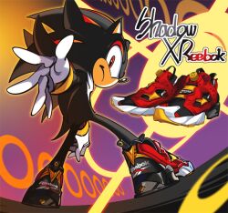 1boy animal_ears animal_nose black_fur character_name closed_mouth full_body furry furry_male gloves grin hedgehog looking_at_viewer male_focus merchandise outstretched_hand popqn red_eyes red_footwear reebok shadow_the_hedgehog smile solo sonic_(series) tail white_gloves