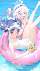 2girls bare_shoulders blue_archive blue_hair braid cherry donut_innertube double_bun eyewear_on_head food fruit fubuki_(blue_archive) fubuki_(swimsuit)_(blue_archive) gennosuke goggles goggles_on_head hair_between_eyes hair_bun halo hand_up highres holding holding_food holding_spoon innertube kirino_(blue_archive) kirino_(swimsuit)_(blue_archive) legs_up long_hair multiple_girls official_alternate_costume official_alternate_hairstyle on_innertube one-piece_swimsuit open_mouth pink_halo pool purple_eyes purple_halo red_eyes sidelocks single_braid spoon swim_goggles swim_ring swimsuit visor_cap white_hair white_one-piece_swimsuit