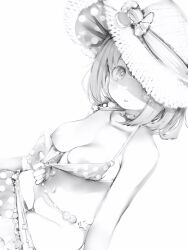 1girl absurdres bangle bare_shoulders bikini_pull blush bracelet breasts candy_hat_ornament cleavage closed_mouth clothes_pull collarbone greyscale groin hat highres himemori_luna himemori_luna_(8th_costume) himemori_luna_(summer) hololive jewelry looking_at_viewer medium_hair monochrome nanashi_(nlo) navel nipples pulling_own_clothes simple_background solo stomach sun_hat thighs tongue tongue_out virtual_youtuber