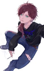 1boy alternate_costume chain chain_necklace cigarette closed_mouth commentary_request converse crew_neck earrings green_eyes highres holding holding_cigarette jewelry kanonkyo lauren_iroas long_sleeves male_focus necklace nijisanji pants parted_bangs piercing ponytail print_shirt purple_hair shirt shoes simple_background sitting sleeves_past_wrists solo torn_clothes torn_pants virtual_youtuber white_background
