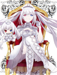 1girl blue_eyes boots chibi closed_mouth crossed_legs date_a_live dress gloves hat high_heel_boots high_heels highres long_hair looking_at_viewer military_hat red_eyes saint_laurent_paris smile solo twintails very_long_hair white_boots white_dress white_gloves white_hair white_hat white_queen_(date_a_live)