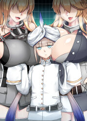 1boy 2girls absurdres androgynous between_breasts bismarck_(kancolle) blonde_hair blue_eyes blue_hair breast_smother breasts captain_nemo_(fate) face_between_breasts face_to_breasts faceless faceless_female fate/grand_order fate_(series) gradient_hair hat head_between_breasts highres huge_breasts iowa_(kancolle) jacket kantai_collection long_hair long_sleeves military military_uniform multicolored_hair multiple_girls nemo_(fate) open_mouth skirt teeth thighhighs tongue tongue_out turban twintails vereshhagin