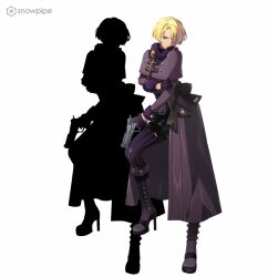 &gt;:( 1girl alternate_costume back_bow belt black_bow blonde_hair blue_eyes boots bow buttoned_cuffs buttons capelet capelet_belt coat company_name english_text frown fur_wrist_cuffs gloves gold_buckle gold_buttons gun hair_over_one_eye handgun high_heels holding holding_gun holding_weapon lace-up_boots long_coat long_sleeves maria_tachibana mature_female official_art pinstripe_socks puffy_collar puffy_sleeves purple_boots purple_capelet purple_coat purple_gloves purple_sleeves purple_thighhighs purple_wrist_cuffs sakura_taisen sega serious short_hair silhouette silver_button simple_background socks solo striped_clothes striped_socks striped_thighhighs tall_female thigh_strap thighhighs third-party_source v-shaped_eyebrows vertical-striped_clothes vertical-striped_socks very_short_hair watermark weapon white_background wrist_cuffs