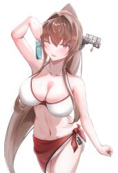 Rule 34 | 1girl, bikini, bottle, breasts, brown eyes, brown hair, cleavage, cowboy shot, hair between eyes, headgear, highres, kantai collection, large breasts, long hair, navel, ponytail, ramune, red sarong, sarong, simple background, solo, swimsuit, takechi (yamato kure 46), white background, white bikini, yamato (kancolle), yamato (swimsuit) (kancolle)