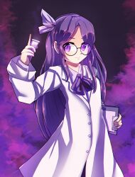 Rule 34 | 1girl, absurdres, asakura rikako, beaker, bow, clipboard, closed lab coat, dungeon toaster, glasses, hair bow, hair ribbon, hairband, highres, holding, holding clipboard, lab coat, long hair, long sleeves, phantasmagoria of dim.dream, purple background, purple eyes, purple hair, purple liquid, ribbon, simple background, touhou, touhou (pc-98)
