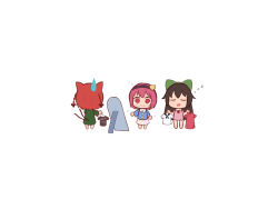 3girls animal_ears bare_legs black_hair black_hairband blue_shirt bow braid buttons cat_ears cat_tail chibi closed_eyes closed_mouth commentary_request d: dress drooling facing_another full_body green_bow green_dress hair_bow hair_ornament hair_ribbon hairband heart heart_button heart_hair_ornament highres kaenbyou_rin komeiji_satori light_blush long_hair mirror multiple_girls multiple_tails nekomata nightgown open_mouth pink_eyes pink_hair pink_nightgown pink_skirt reiuji_utsuho ribbon shirt short_hair simple_background skirt sleeping standing sweatdrop tail touhou tress_ribbon twin_braids two_tails vallneko wavy_mouth white_background zzz