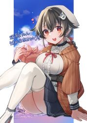 1girl alternate_costume bandana bento black_hair black_skirt blue_sky braid braided_ponytail breasts brown_shawl cloud dated frilled_shirt frills hair_flaps hair_ornament jingei_(kancolle) kantai_collection kirisawa_juuzou large_breasts long_hair looking_at_viewer low_ponytail pleated_skirt ponytail red_eyes shawl shirt sitting skirt sky solo thighhighs twitter_username whale_hair_ornament white_thighhighs