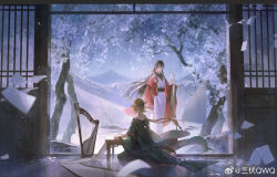 Rule 34 | 1boy, 1girl, absurdres, arm on table, bird, bird on hand, black hanfu, blonde hair, brown hair, calligraphy brush, cherry blossoms, chinese clothes, chinese commentary, chinese hairpin, commentary request, floating paper, flower, from behind, full body, hair between eyes, hair bun, hanfu, harp, highres, holding, holding calligraphy brush, holding paintbrush, indoors, instrument, long hair, long sleeves, looking at another, mountain, night, night sky, original, paintbrush, paper, parted lips, ponytail, red robe, robe, rock, sanfu qwq, scroll, single hair bun, sitting, sky, sliding doors, snowing, standing, stick, straight hair, very long hair, watermark, weibo watermark, white bird, white flower, white hanfu, wide sleeves, wind chime, winter, writing